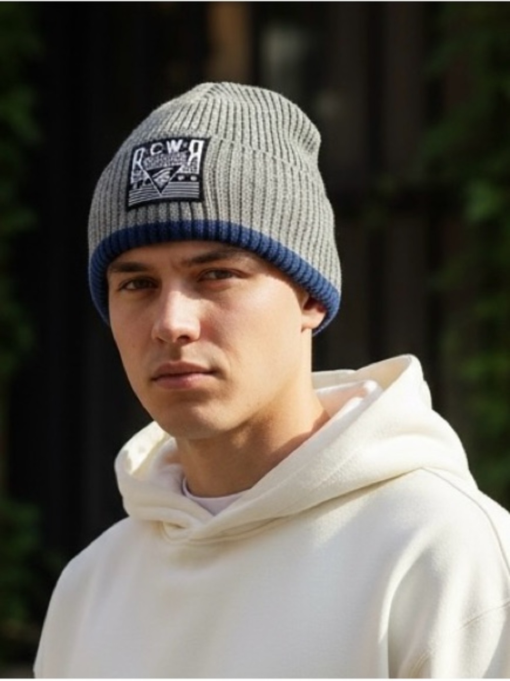 Gray Ribbed Beanie with Navy Trim - Men